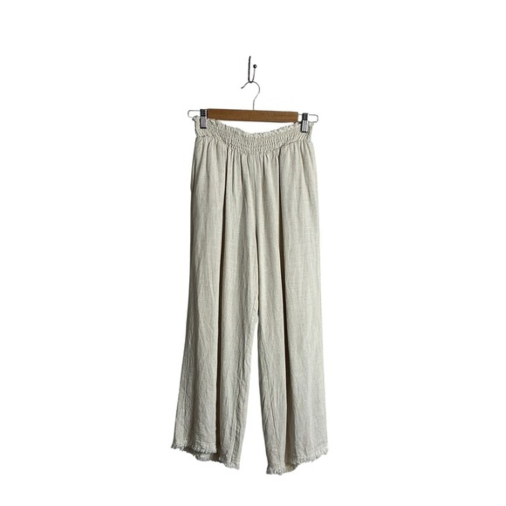 Solai Small Oatmeal Linen Raw Hem‎ Cropped Pants Comfort Pockets Elastic Waist